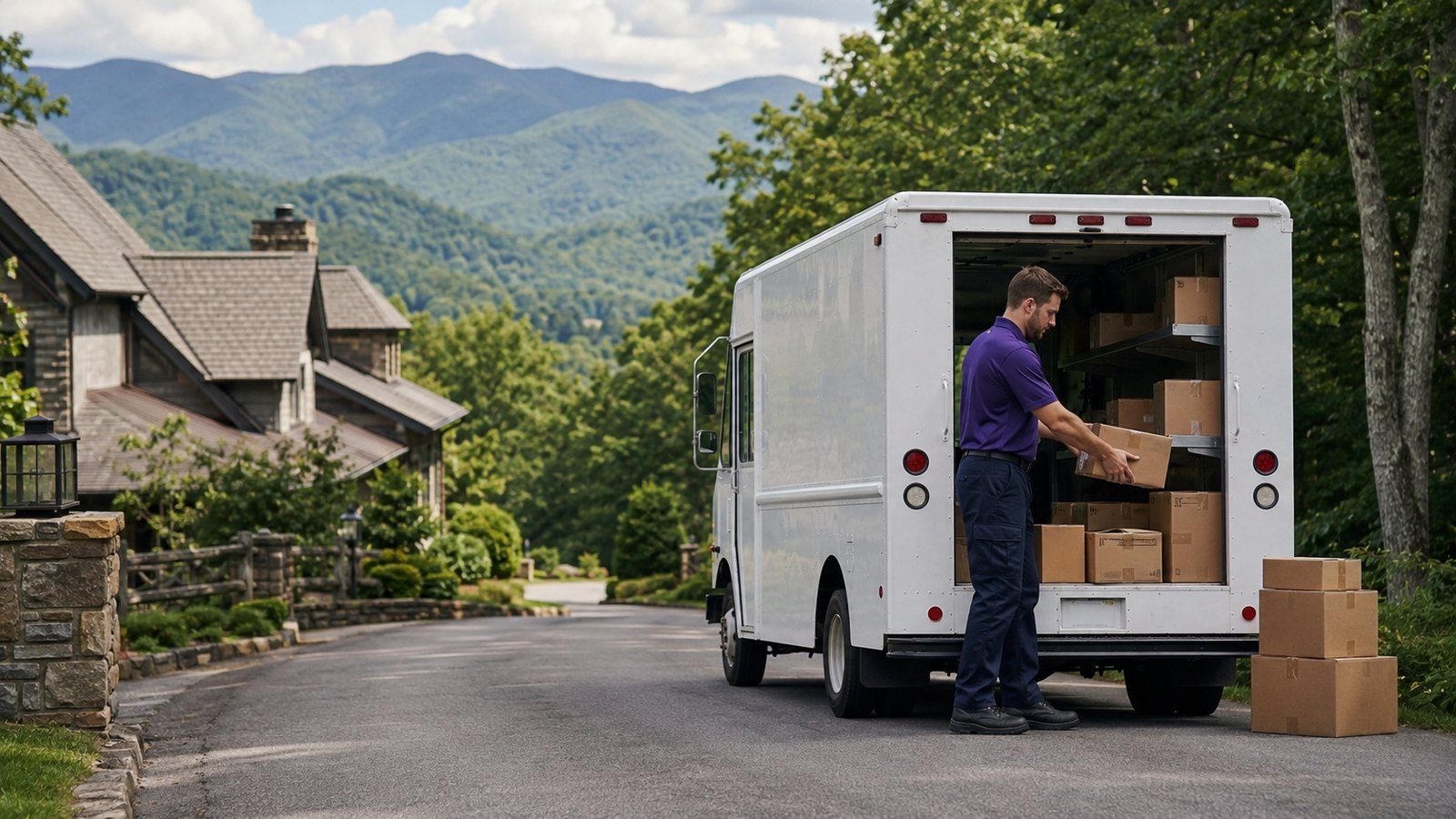 A driver pulling packages from the back of a step van on a mountain neighborhood street