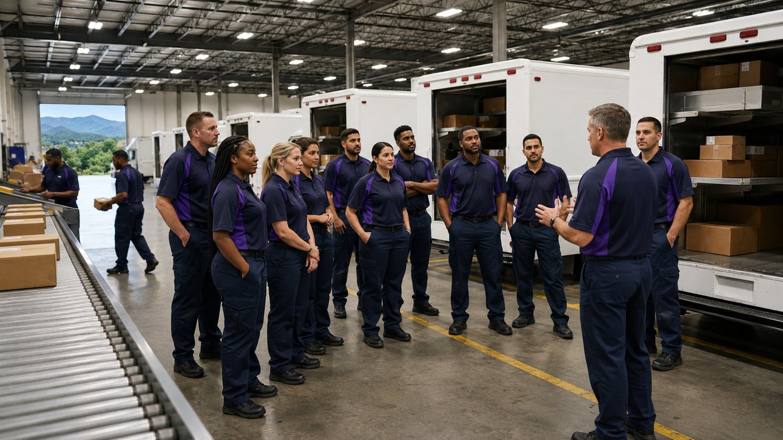A delivery team gathered at the terminal for the morning briefing before routes go out