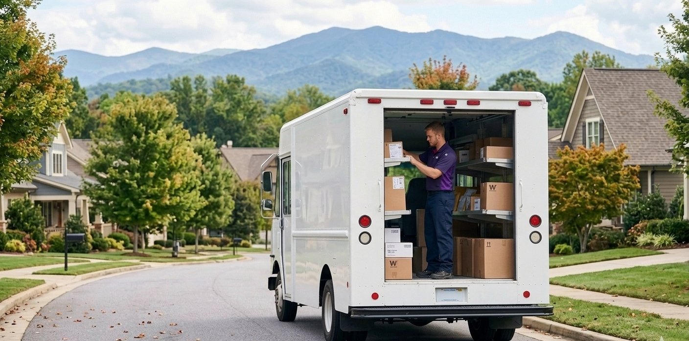 A driver pulling packages from the shelves of a step van on a residential route