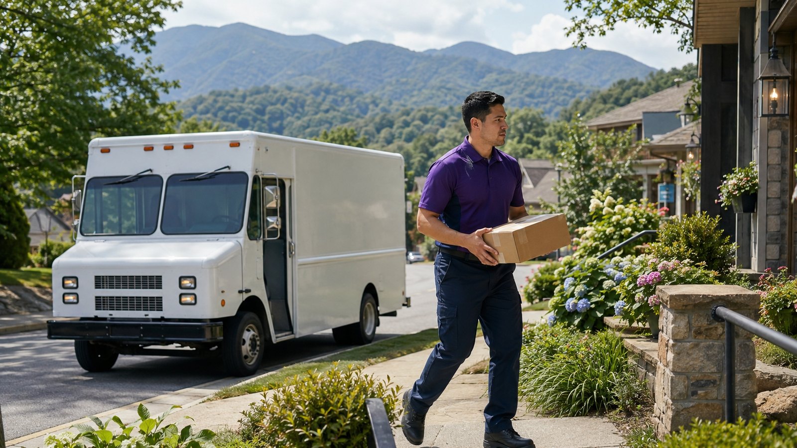 A driver carrying a package up a walkway to a customer's front door