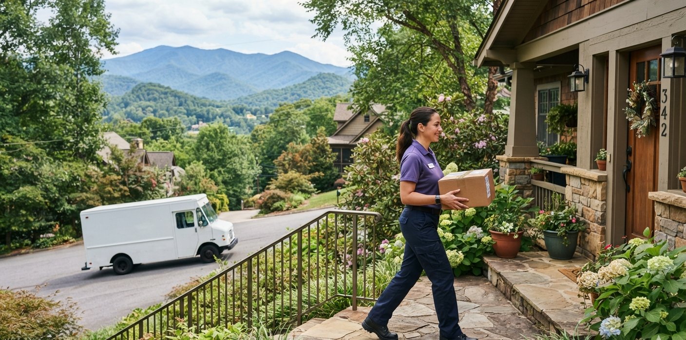 A package carried to a customer's front porch in a mountain neighborhood